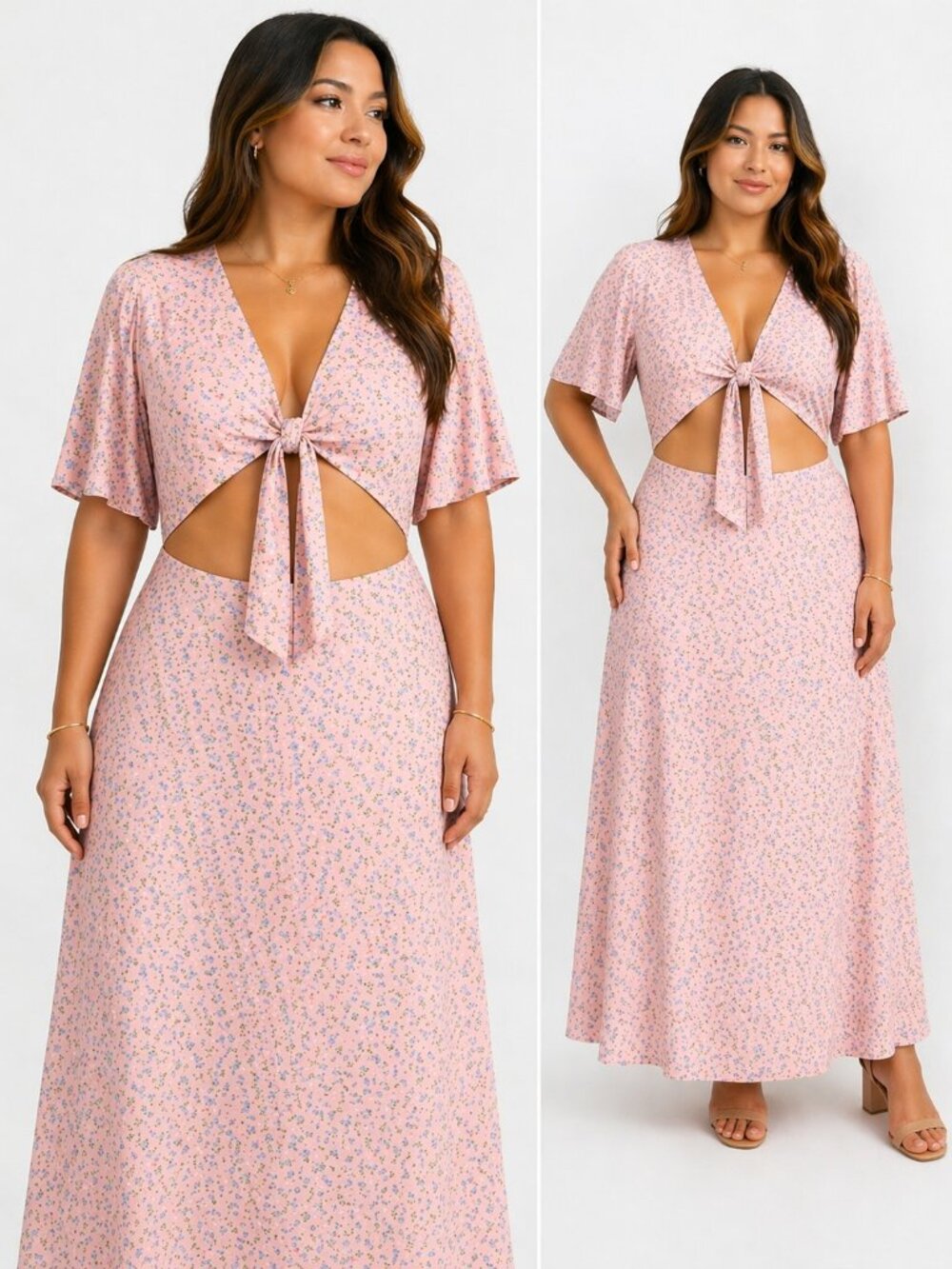 WAYF Pink Floral Maxi Dress XL Cutout Tie Front